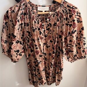 THE GREAT. Black and Tan Floral Blouse